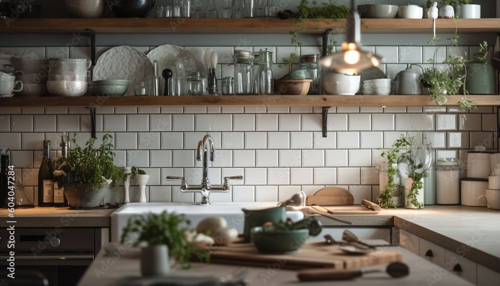 Rustic kitchen decor with fresh healthy ingredients generated by AI