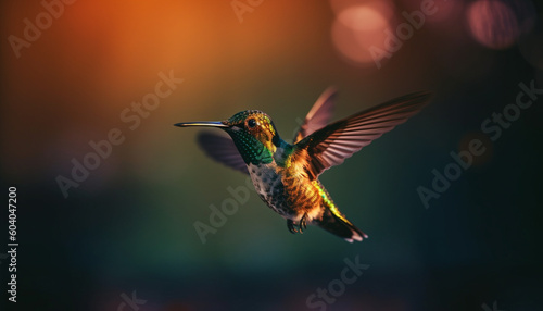 Hovering hummingbird flaps iridescent wings mid air generated by AI