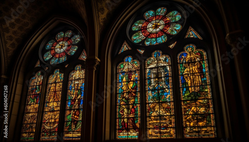 Stained glass illuminates Gothic chapel ancient history generated by AI