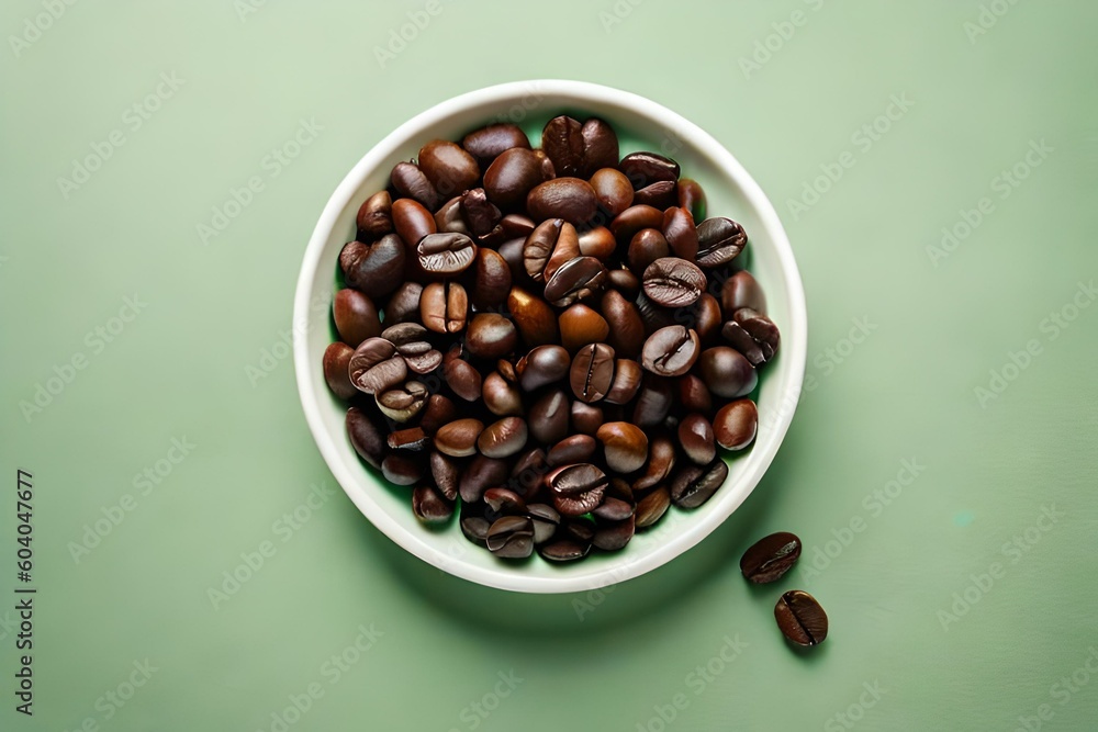 Fototapeta premium Coffee beans on pastel color background. Top view.