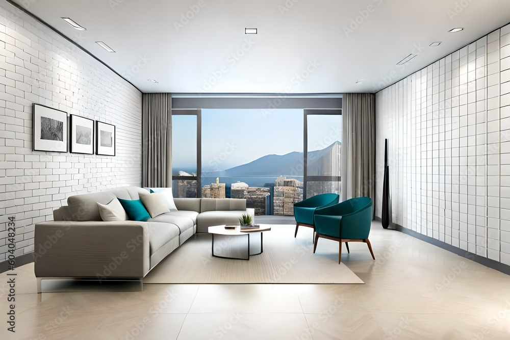 Interior design with modern room with white brick wall. Modern living room Interior design with modern room with white brick wall. Modern living room