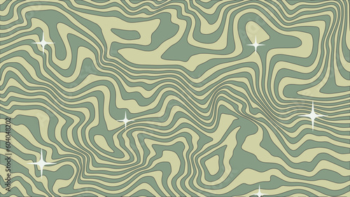 Trippy groovy hippie background. Abstract retro psychedelic style backdrop. Pastel green waves  swirl  twirl and stars or sparkles pattern. Twisted distorted vector texture. Y2k aesthetic design