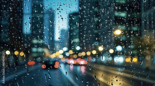 Generative AI.   Raindrops on a car window with a blurred background