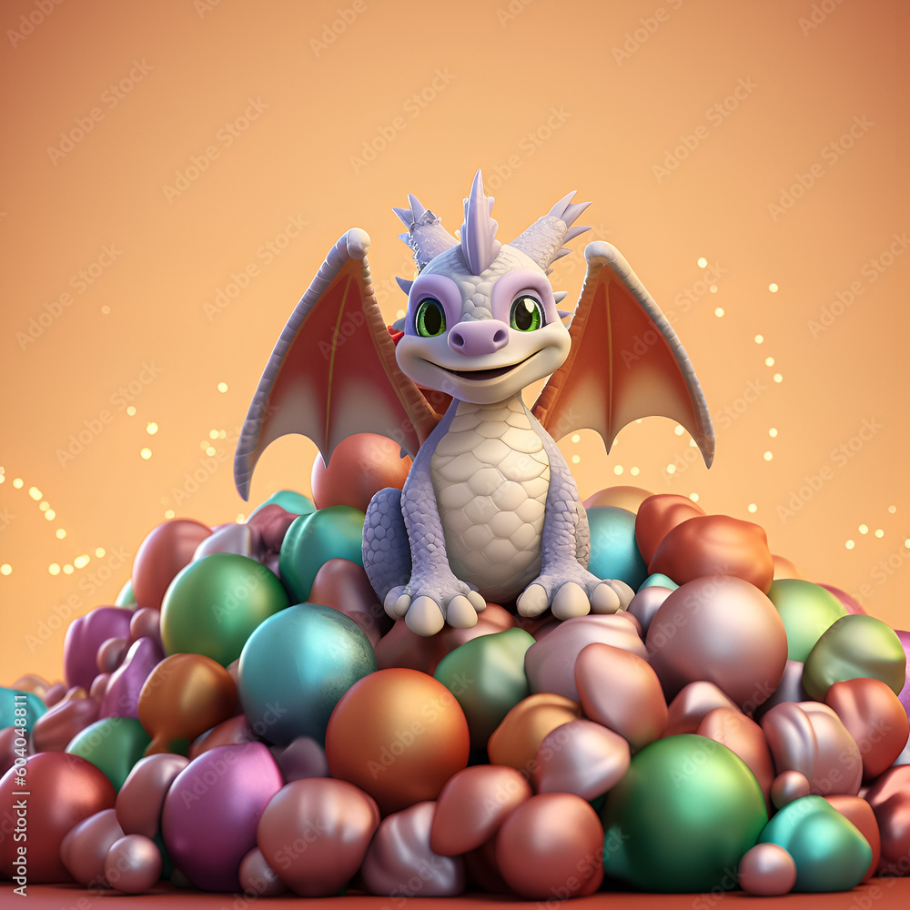 Fototapeta premium Yellow small dragon with balls.