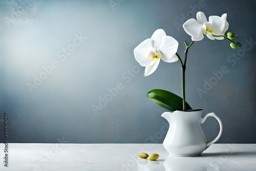White orchid flower on a white textured background, space for a text. Large white Orchid flowers in the panoramic image. Panorama, a banner with space for text or insertion.