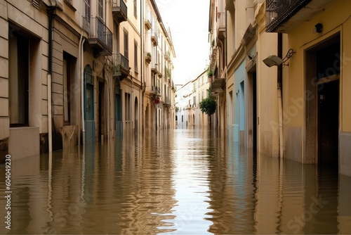 high water level on a city European street from a flood, after a downpour or an avalanche. The concept of natural disaster insurance and life and property insurance.Generative AI