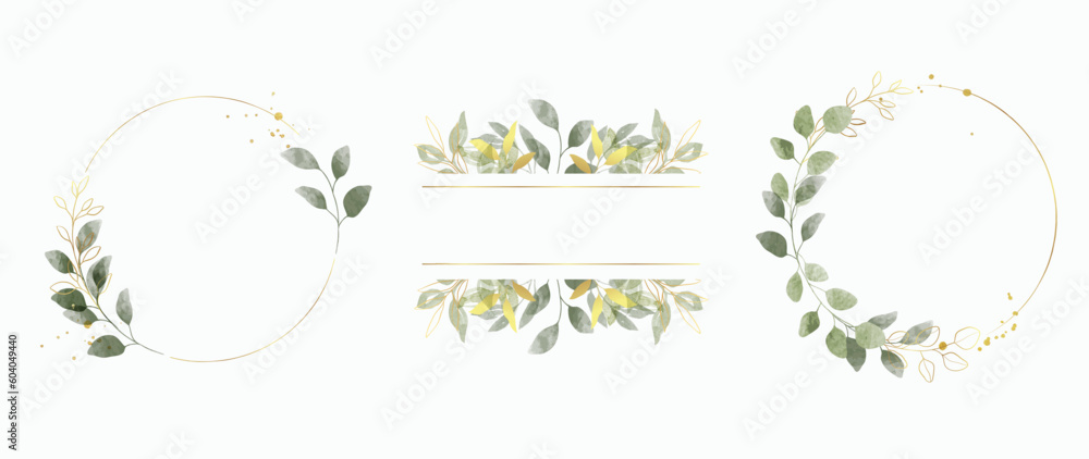 Luxury botanical gold wedding frame elements on white background. Set of polygon, circle, glitters, leaf branches. Elegant foliage design for wedding, card, invitation, greeting. Luxury botanical gold wedding frame elements on white background. Set of polygon, circle, glitters, leaf branches. Elegant foliage design for wedding, card, invitation, greeting.