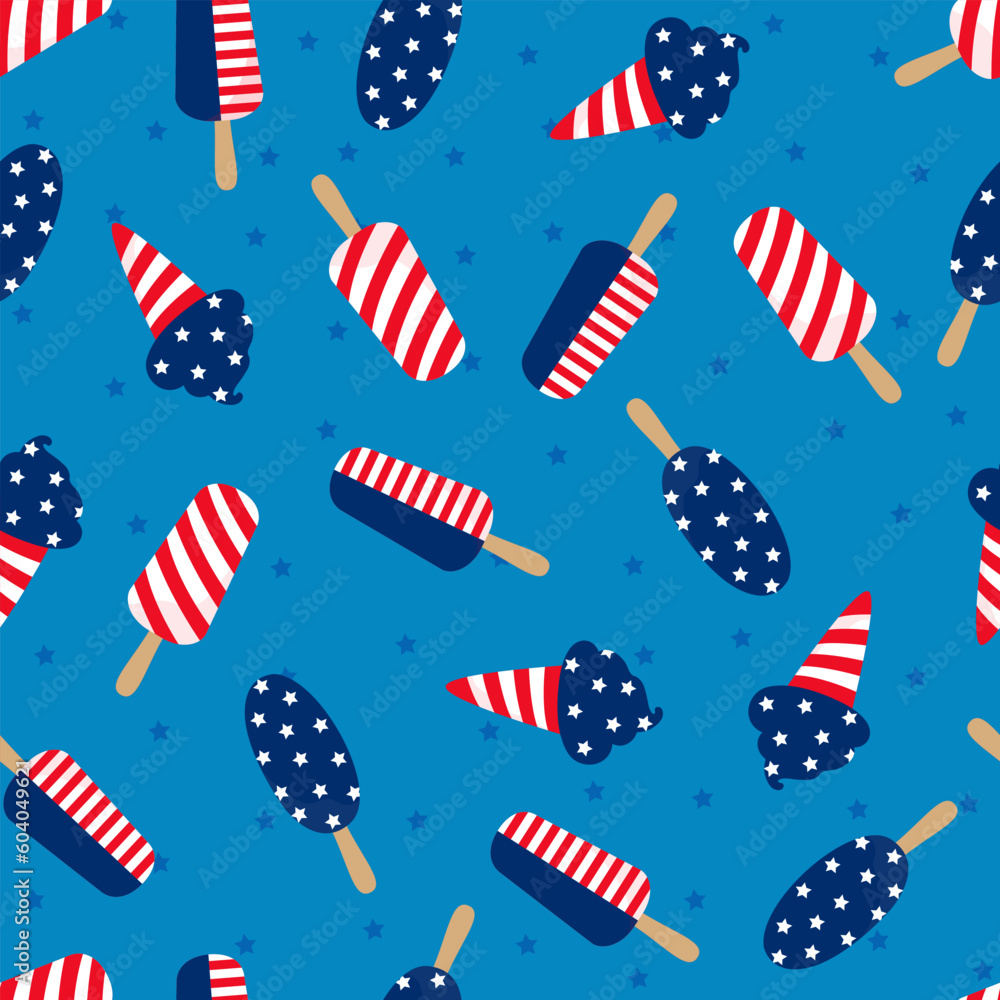Cute vector seamless pattern with ice cream and stars. Patriotic background for 4th of July in USA, decor, textiles, tape, ribbon, banners, wrapping, wallpaper Cute vector seamless pattern with ice cream and stars. Patriotic background for 4th of July in USA, decor, textiles, tape, ribbon, banners, wrapping, wallpaper