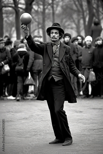 A man in a suit and top hat holding a basketball. Generative AI. Imaginary street photography.