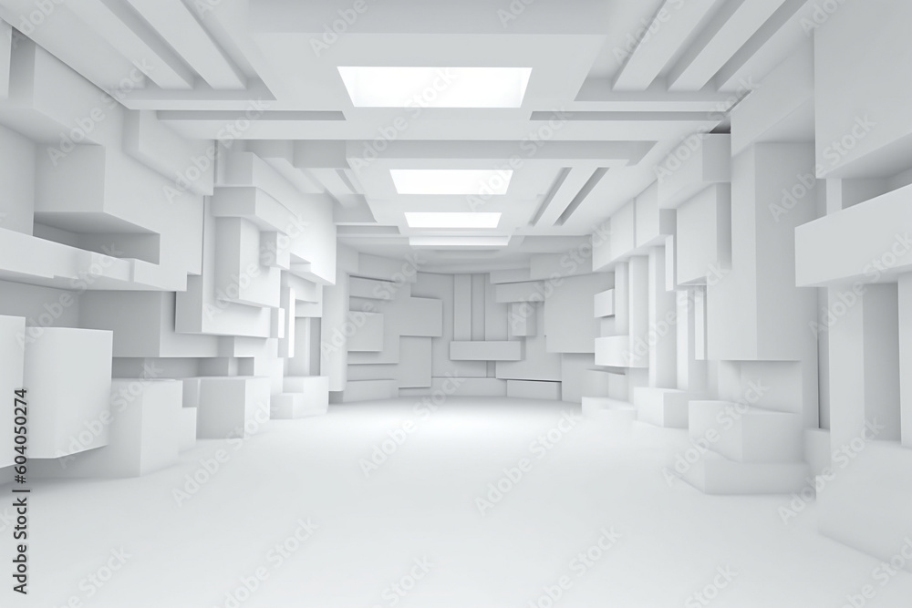 Abstract 3D White Room with Futuristic Geometric Wallpaper, generative AI Abstract 3D White Room with Futuristic Geometric Wallpaper, generative AI