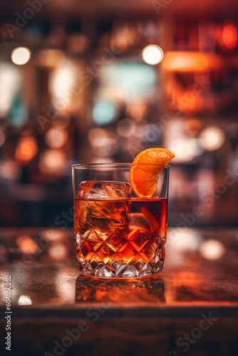 Negroni drink in a bar at night. Generative AI