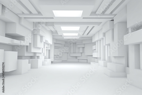 Abstract 3D White Room with Futuristic Geometric Wallpaper, generative AI