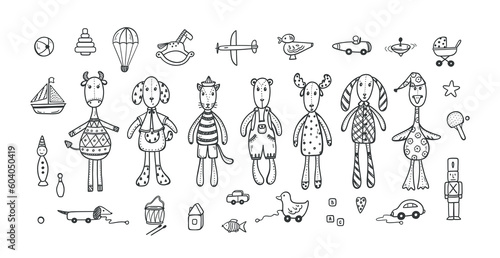 Sewed Stuffed Kids Toys Set. Cute Animal Dolls. Various Plastic, Wooden and Plush Toy Collection. Doodle Vector illustration