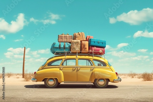 Illustration of a vintage car loaded with suitcases to go on a long journey. Ai generated.
