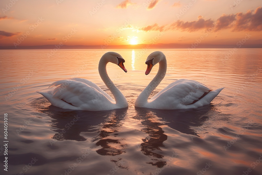 Fototapeta premium Two swans, facing each other, form a romantic heart shape, at sunset. Ai generated.