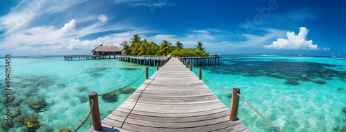 Panoramic tropical pier extending into ocean, perfect for summer travels and getaways, generative AI © Ash