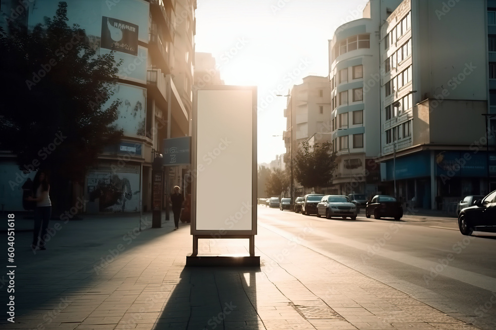 Generative AI illustration of empty billboard placed on asphalt road near residential buildings against blue sky in city Generative AI illustration of empty billboard placed on asphalt road near residential buildings against blue sky in city