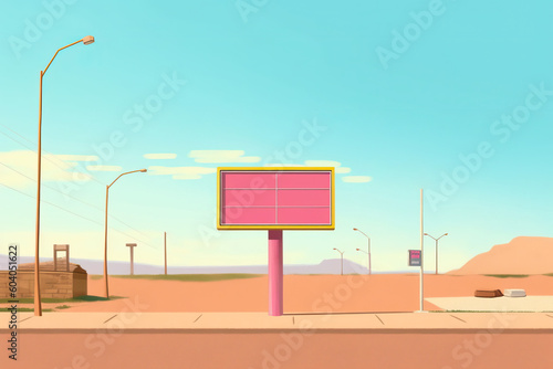 Generative AI illustration of empty advertising signboard with street light pole against cloudless blue sky in sandy countryside on sunny day