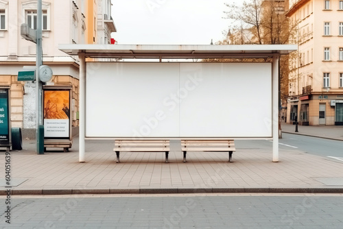 AI generated illustration of bus stop with empty advertising banner and benches placed on cobblestone pavement on city street photo