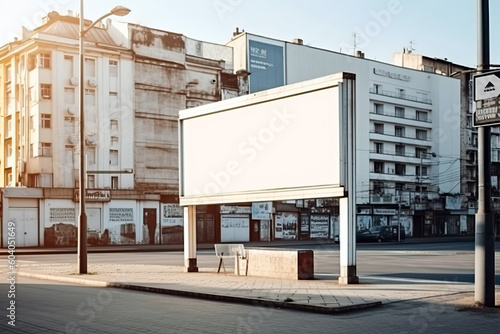 Generative AI illustration of empty billboard placed on asphalt road near residential buildings against blue sky in city
