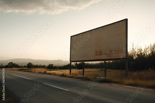 Generative AI illustration of tall empty billboard placed on green meadow near empty road going through scenery in countryside against cloudy sky photo