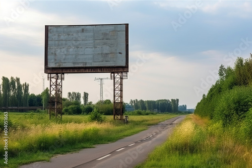 Generative AI illustration of tall empty billboard placed on green meadow near empty road going through scenery in countryside against cloudy sky photo