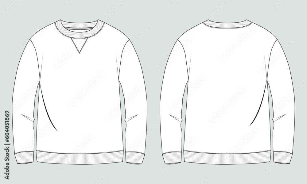 Long sleeve Sweatshirt technical fashion flat sketch vector illustration template front and back views. Fleece jersey sweatshirt sweater jumper for men s and boys. Stock Adobe Stock