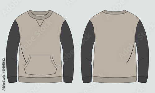 Two tone color Long sleeve Sweatshirt technical fashion flat sketch vector illustration template front and back views. Fleece jersey sweatshirt sweater jumper for men's and boys.
