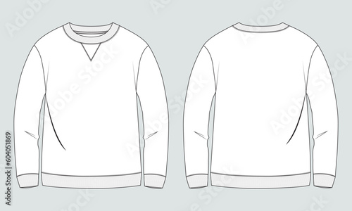 Long sleeve Sweatshirt technical fashion flat sketch vector illustration template front and back views. Fleece jersey sweatshirt sweater jumper for men's and boys.