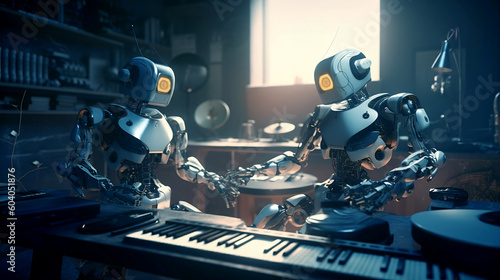 A futuristic robot with headphone jack creating a soundtrack, 16:9 format, blue tones