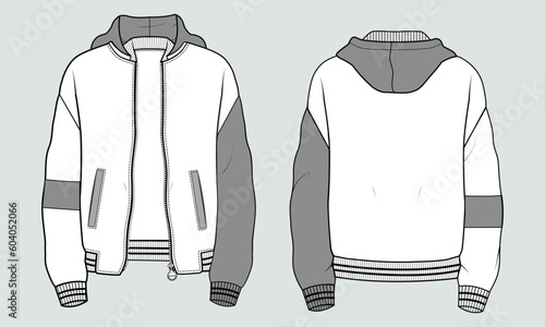 Long sleeve hoodie technical drawing fashion flat sketch vector illustration template front and back views photo