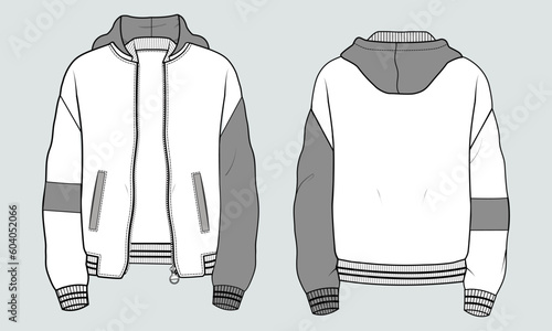 Long sleeve hoodie technical drawing fashion flat sketch vector illustration template front and back views
