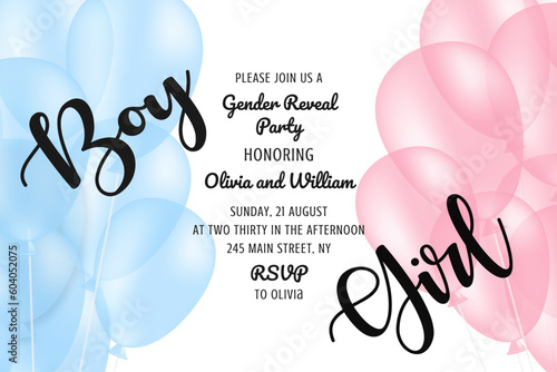 Invitation for gender reveal party with pink and blue balloons. Vector flat illustration for card, , design, flyer, poster, decor, banner, web, advertising.
