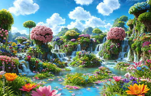 Paradise garden full of flowers, beautiful idyllic background with many flowers in eden, 3d illustration. Generative Ai.