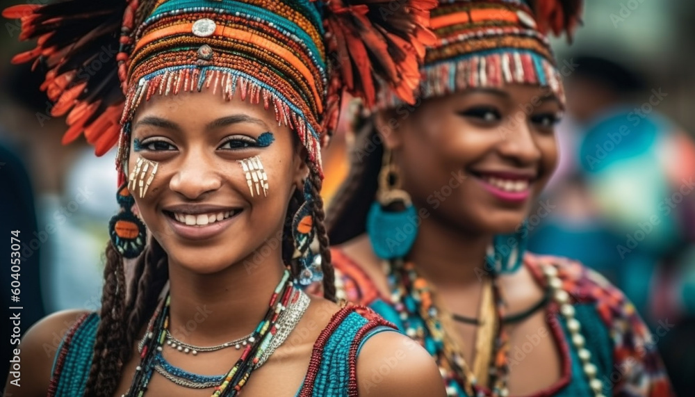 Smiling young women in traditional clothing dancing joyfully generated by AI