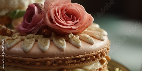 A macaroon and rose decorated cake, generative AI