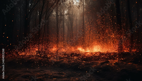 Burning campfire illuminates dark forest at night generated by AI