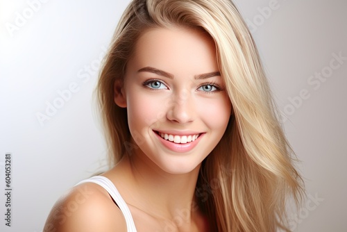 Portrait of a happy, confident, and healthy Caucasian woman with glowing skin and positivity. Generative AI