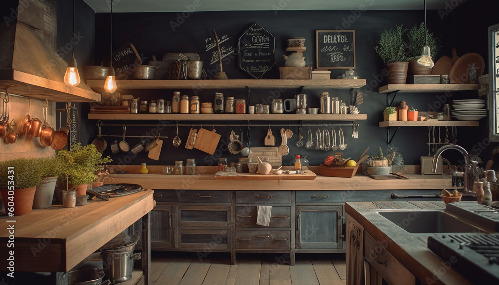 Modern kitchen design with rustic wood accents generated by AI