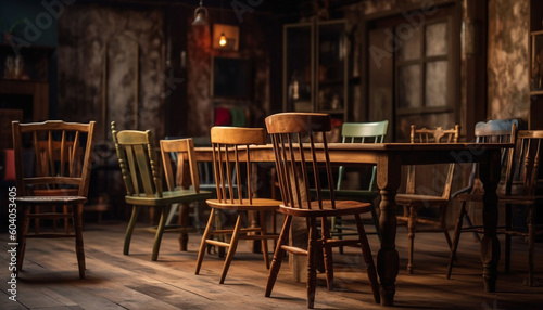 Comfortable rustic chairs adorn modern wooden table generated by AI © Stockgiu