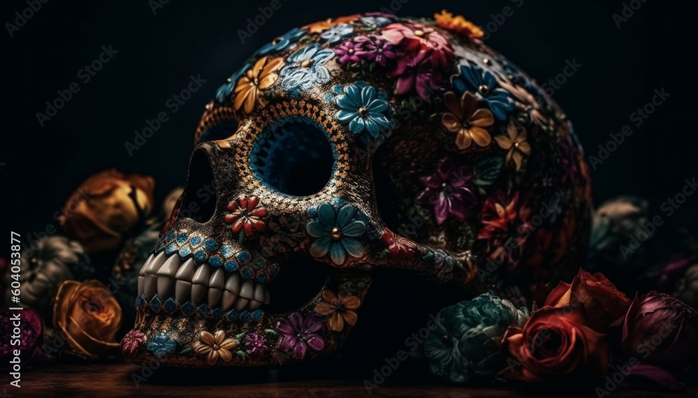 Spooky decoration of human skull and skeleton generated by AI