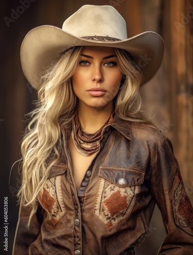 Hot sexy cowgirl in cowboy hat and leather pants wild west generative ai