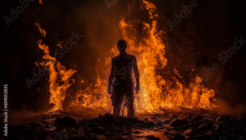 One person standing in glowing inferno outdoors generated by AI