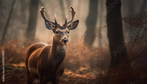Horned stag stands in tranquil autumn forest generated by AI