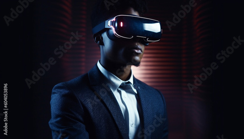 Futuristic businessman smiling, standing in virtual reality simulator generated by AI © Stockgiu