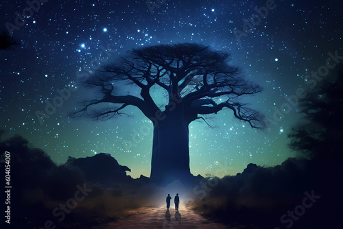 Africa wilderness at night with silhouettes of wildlife, big baobab tree in background, night sky with stars and galaxies 