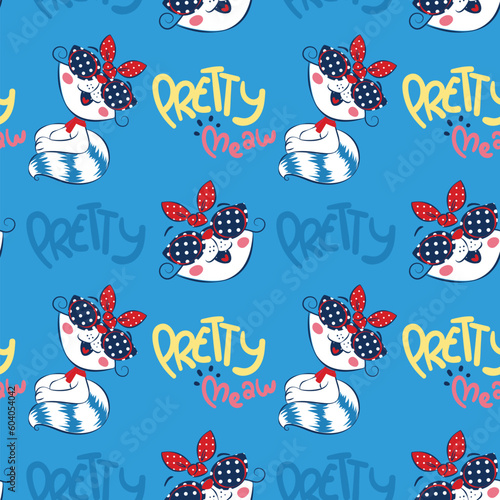 Seamless pattern, Cartoon cat girl smiling wearing sunglasses and pink bow headband isolated on blue background illustration vector.
