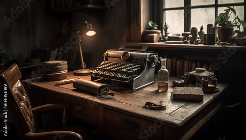 Antique typewriter on rustic wooden desk indoors generated by AI