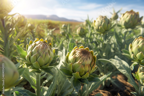 Close-up of artichoke in a field with a clear sunny sky and hills in the background. Artichoke plantation with ripe flower heads growing on organic farm. Generative AI photo
