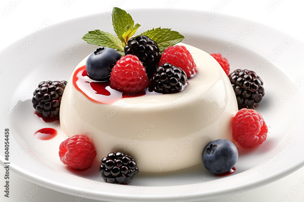 Panna cotta with berries, sweetened cream covered with burned caramelized sugar crust. Generative AI. Panna cotta with berries, sweetened cream covered with burned caramelized sugar crust. Generative AI.